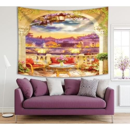 Tapestry Moon Sky Bridge River Night View From Terrace Arch Flowers Chairs Table Italy Cityscape Purple Yellow Red Colorful