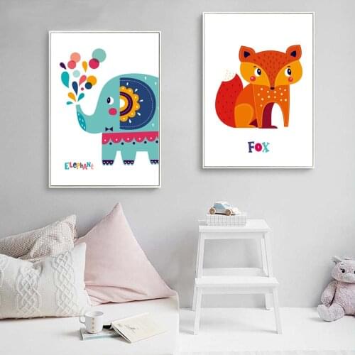 Elephant Fox Canvas Childlike Animal Poster Canvas Print Painting Wall Art Kids Room Home Decoration