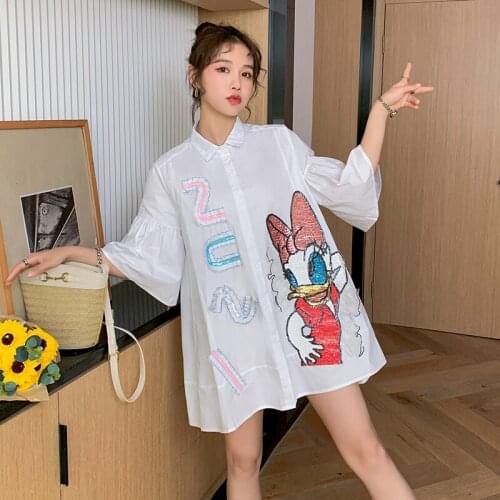 Summer Womens Clothing Cartoon Sequined Flare Sleeve Loose Plus Size A-line White Blouse Casual Turn Down Collar Shirts Tops