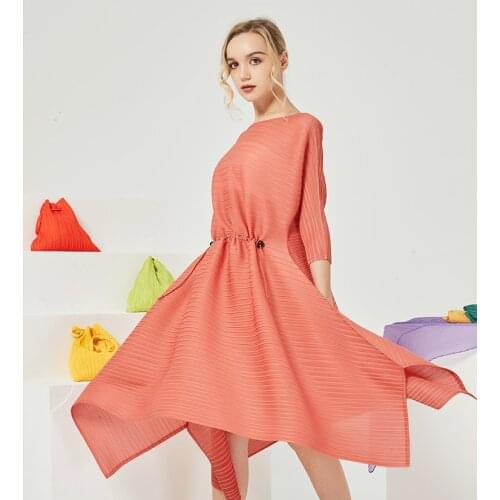 HOT SELLING Miyake fashion solid dress fold dress with three quarter A-Line dress IN STOCK