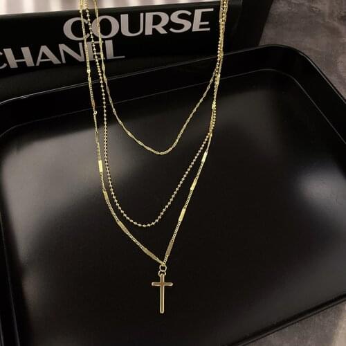 Minar 3 Pieces/Set Layered Beads Chains Choker Water Wave Linked Cross Pendant Necklaces Vintage Religious Necklaces Jewelry