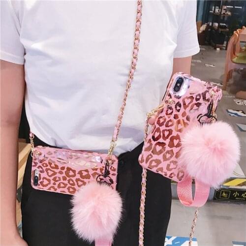 Fashion Pink Leopard Print Long Chain Handbag Fur Ball Hand Strap Case Cover For iPhone 11 Pro Max X XR XS MAX 8 7 6 6S Plus SE