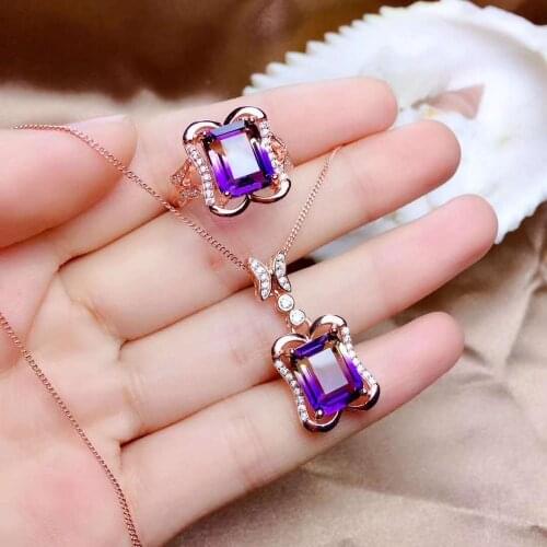Real Natural Amethyst jewelry set Natural Real Amethyst 925 sterling silver 1pc pendant,1pc ring