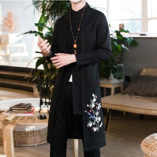 New Mens Jacket Fashion Autumn Men Long Windbreaker Jackets Overcoat Male Casual Plum Flower Embroidery Trench Outwear Coat