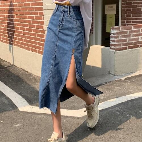 HziriP 2021 Spring Summer New Side Slit Denim Design Korean Chic Fashion All-Match Casual Elegant Gentle High Waist Skirt