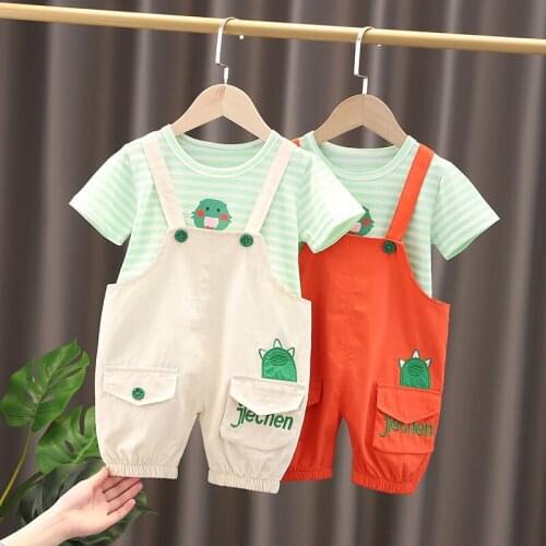Baby boy clothes summer short-sleeved cartoon dinosaur overalls suit boys striped casual clothes baby boy two-piece suit