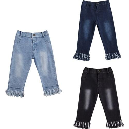 1-6Y Fashion Kids Girls Denim Pants Button High Waist Tassel Pencil Legging Pants 3 Colors 6 orders 2021 New