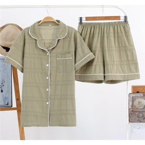Summer ladies short sleeve shorts pajamas set cotton crepe gauze solid color large size thin comfortable home service suit women