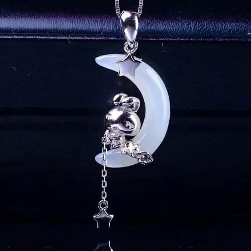 Hetian White Jade Silver Inlay Pendant White Jade Crescent Bunny Pendant h32