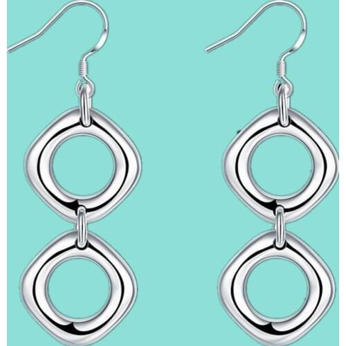 Hot Long Square Earrings Charm Women 925 Silver Charm Circles Earrings Jewelry Party Gift