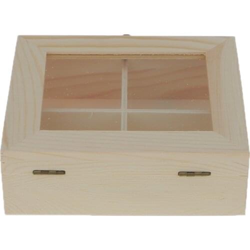 Plain Unpainted Wooden Tool Jewelry Storage Box Glass Lid 4 Grids Chest Case