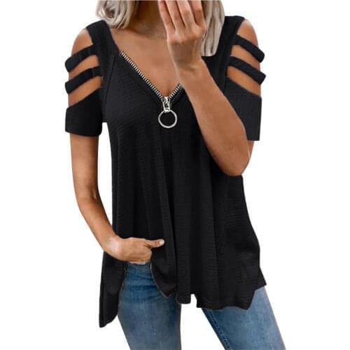 2021 Summer Sexy Shirts V-neck Zipper Casual Tunic Tops Women Soild Hollowing Out Short Sleeve Womens Blouses Блузка С Кружевом