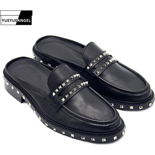 British Style Mens New Rivet Design Genuine Leather Fashion Baotou Sandals Slip-On Cowhide Korean Style Casual Lazy Sandals