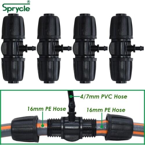 SPRYCLE 16mm to 4/7mm Hose Tee Connector Thread Lock Garden Plant Irrigation Water Adapter PE Tubing to 1/4'' Micro Pipe Joint