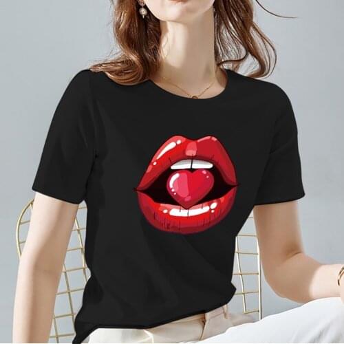 Summer Women Tshirts Charming Lips Pattern Series Tops High Quality Black All-match Commuter O-neck Female Short Sleeve Clothes