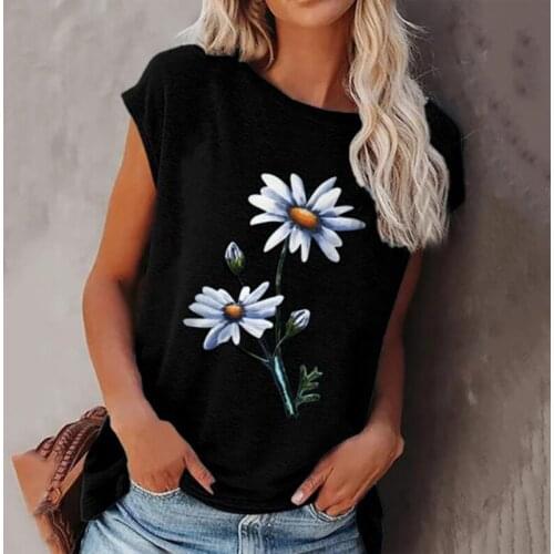 S-5XL Little Daisy Printed Loose Round Neck Short Sleeves T Shirts Plus Size Women Summer Daily Travel Top