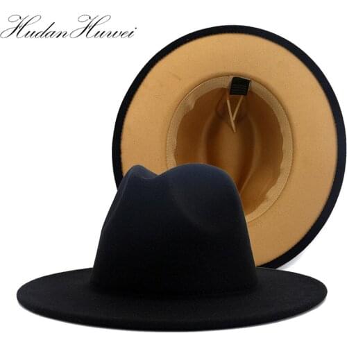 Hudanhuwei New Patchwork Black Camel Woolen Felt Fedora Hat Oversized Women Men Elegant Church Holiday Fedora Hat