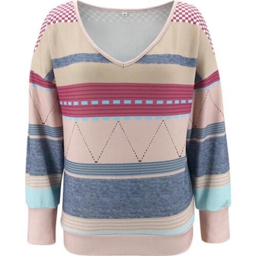 Women Fashion Long Sleeve V Neck Stripes Print Loose Blouse Top T-shirt Pullover
