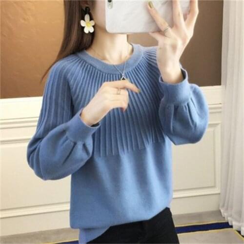 2021 Womens Sweater Autumn Winter Knitted Pullover Casual Lantern Sleeve Women Tops Casual Solid Jumper Blue Green H348