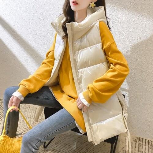 Womens Winter Cotton Vest Solid Hooded Female Puffer Coat Plus Size Thick Cotton Padded Shiny Casual Sleeveless Jacket Women
