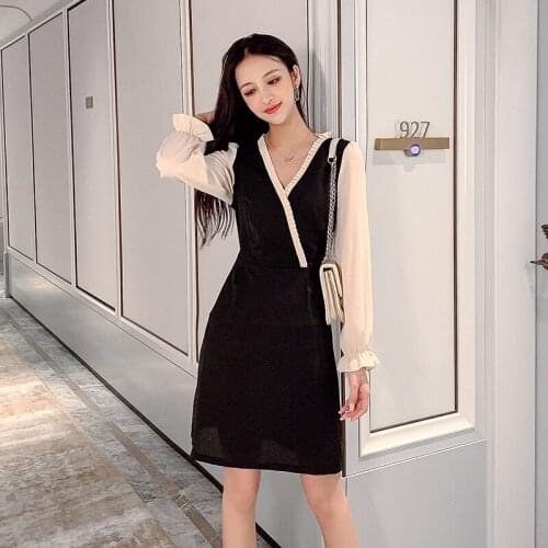 2019 Early Autumn New French Platoon Dress High Waist Slimming Chiffon Long Sleeve V-neck Hepburn Wind Dress Vestidos Mujer