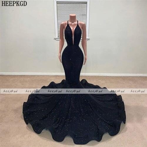 Sexy Black Glitter Mermaid Long Prom Dresses Sweep Train Backless Plus Size Evening Party Dress Robe De Soiree Customize Gowns