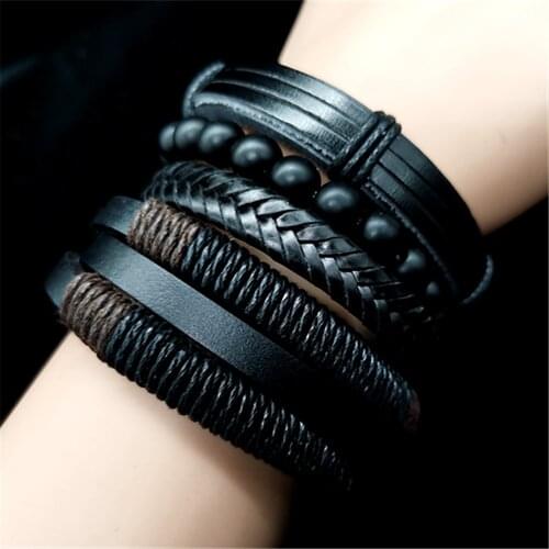 4pcs/set Music Black Beads Feather Star Beacelets Leather Bracelets Set Men Bracelets Women Homme Fashion Jewelry Accessories