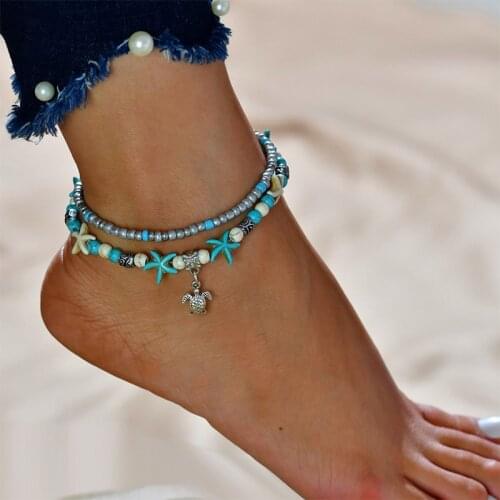Boho Vintage Single/Multilayer Anklet Bracelet Elephant Turtle Conch Pearl Shell Pendant Adjustable Foot Chain Beach Jewelry