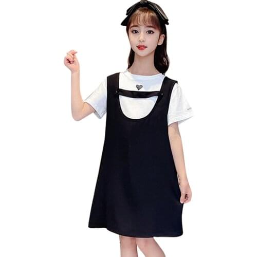 Children Clothes Heart Tshirt + Dress Costume For Girls Summer Tracksuit Girl Casual Style Kids Clothing 6 8 10 12 14