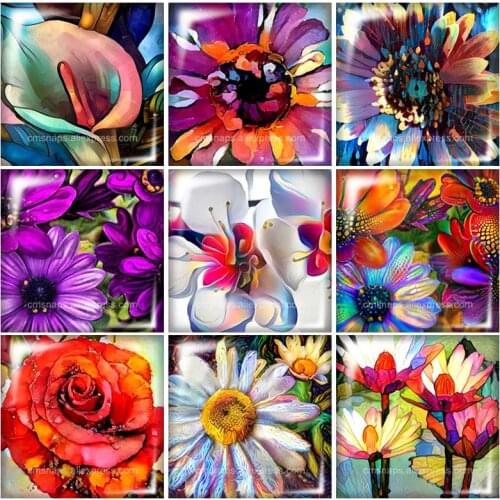 FB0316 Oil paintings Flowers daisy 10pcs mixed 12mm/20mm/25mm/30mm Square photo glass cabochon demo flat back Making findings