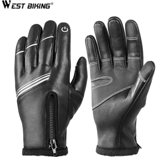 WEST BIKING Winter Thermal Gloves Fleece Touch Screen Outdoor Sport Skiing Climbing Motorcycle PU Leather Bicycle Cycling Gloves