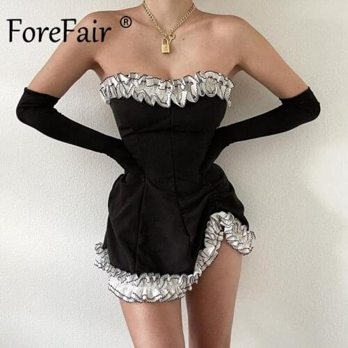 Forefair Short Dress Party Black with Gloves Sleeveless Women Clothing Club Fashion Design Mini Sexy Bodycon Dress Summer