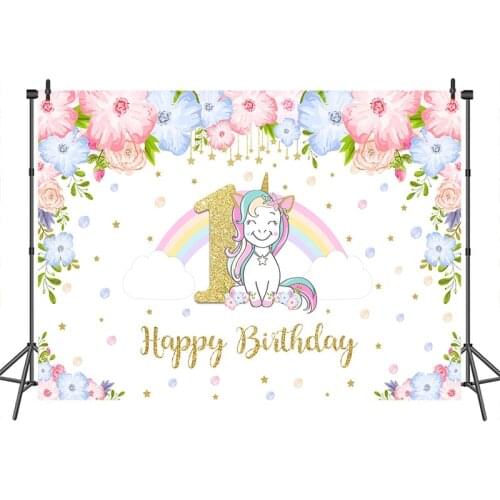 Unicorn Happy 1st Birthday Background for Photography Birthday Party for Children Flowers Rain custom photo booth backdrop