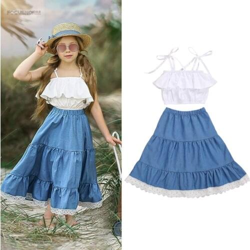 FOCUSNORM 2-7Y Summer Kids Girls Holiday Boho Clothes Sets Lace Ruffles Sleeveless Vest Tops Blue Ankle Length A-Line Skirts