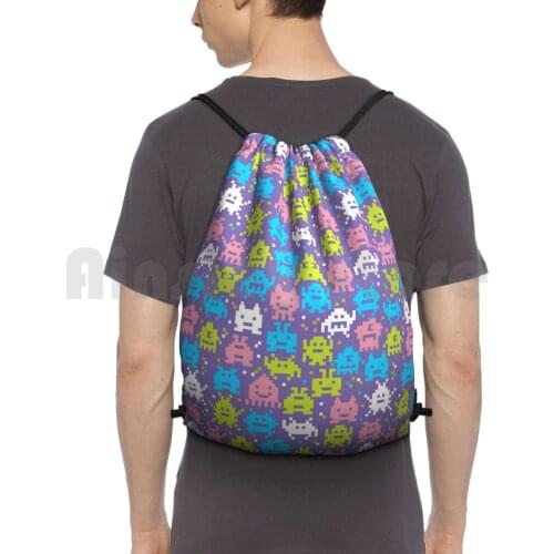 Space Shooters Backpack Drawstring Bags Gym Bag Waterproof Video Games Space Invaders Invader Pixel Pattern