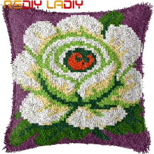Latch Hook Cushion White Flowers Pre-Printed Canvas Cushion Cover Acrylic Yarn Crocheted Pillow Case Hobby & Crafts Home Decor