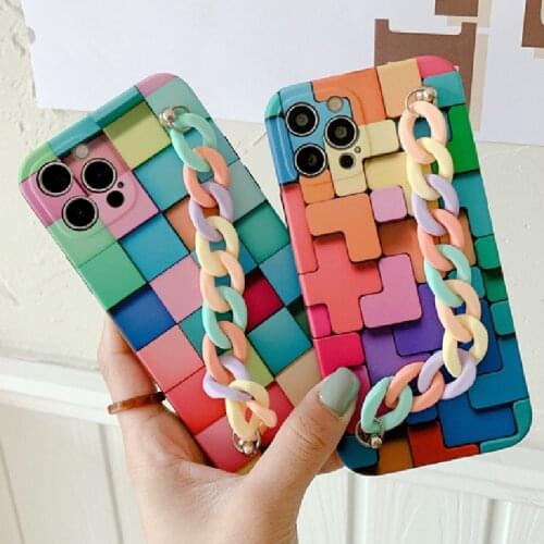 Fashion 3D Cube Geometry Protection Phone Case For iPhone 12 11 Pro Max X XR XS MAX 7 8 Plus SE2 Rainbow Bracelet Silicone Cover