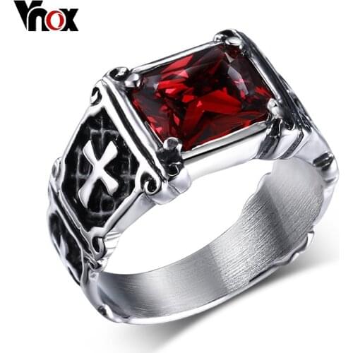 Vnox Punk Cross Ring Casting Prong Setting Red CZ Stone Stainless Steel Christ Prayer Male Alliance Jewelry Size 7 8 9 10 11 12