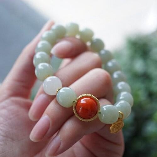 Natural Hetian jade DIY Hand woven carbuncle Jewelry Water green Bracelet bead pendant Fashion accessories