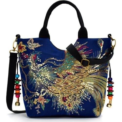 New Embroidered Bag Canvas Peacock Embroidery Handbag Unilateral Portable Diagonal Package