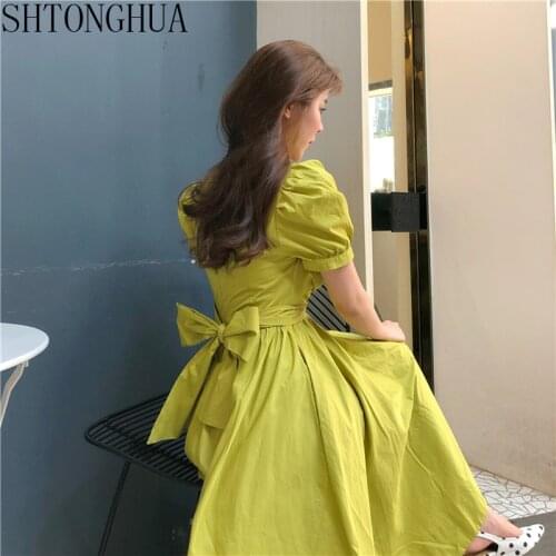 2020 Fashion Women Puff Sleeve Casual Dress Bow High Waist Midi Dress Solid Irregular Bottom Elegant Dress