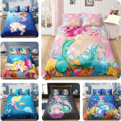 3D Cartoon Mermaid Bedding Set for Princess Quilt Duvet Cover Set with Pillowcase Twin Full Queen King Size Comforter Bed Set
