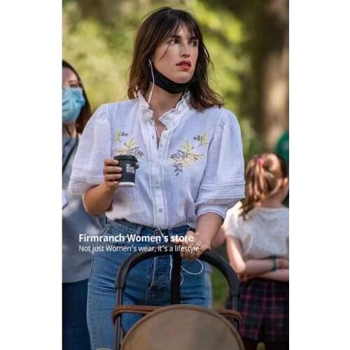 Firmranch French Style RO21 Linen New Flower Embroidered Shirts Bubble Sleeve Blouse CAMICIA For Women Shellort Spring/Women