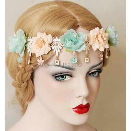 Wedding Bride Rose Flower Elastic Hairband White Lace Headband Princess Pendant Headpiece Diy Festival Headdress Champagne Green