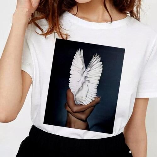 Street womens Sexy beauty feather Printing T-shirt Harajuku Summer Short-sleeved Tops Tshirt Fashion white clothing T shirt