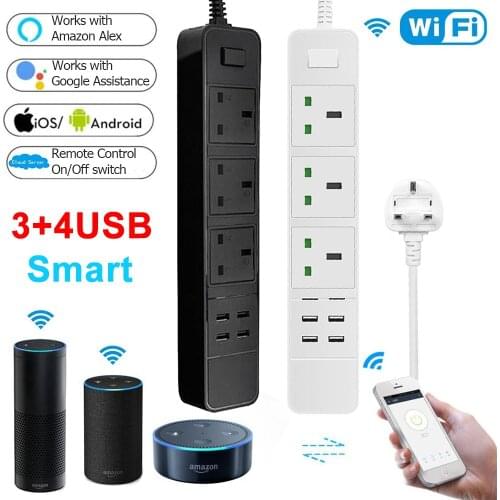 Smart Wifi Plug Socket Flat Power Strip 3 Outlets with 4 USB Ports UK Plug Amazon Alexa Google Home SWITCH WIFI Timer Control