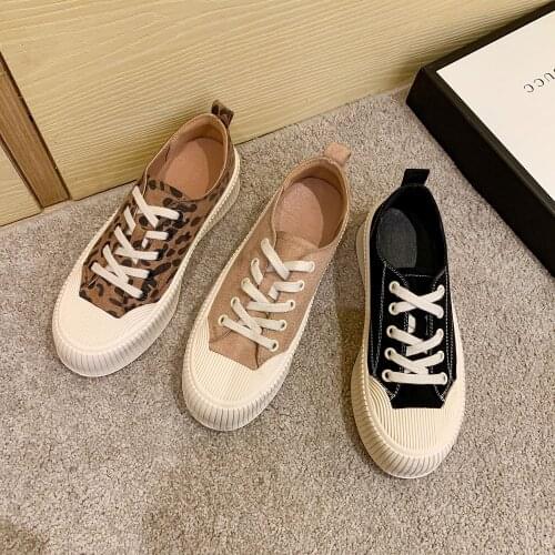 New Korean version of leopard print suede biscuit shoes wild thick-soled casual shoes lace-up canvas shoes tide women shoes