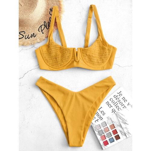 ZAFUL Women Ribbed Smocked Underwire High Cut Bikini Swimsuit Solid Straps High Cut Bikini Set Push Up Bathing Suit V Notch