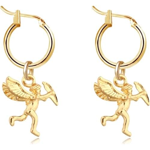 1 Pair European New Trend Small Cute Cupid Love Hoop Earrings With Pendant Gold Color Fashion Earrings As Party Jewelry E534-T2
