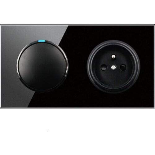 146 Type 1 gang 2way + French Socket Crystal Tempered Pure Glass Panel 13a Double Eu Standard Wall Power Socket Grounded black